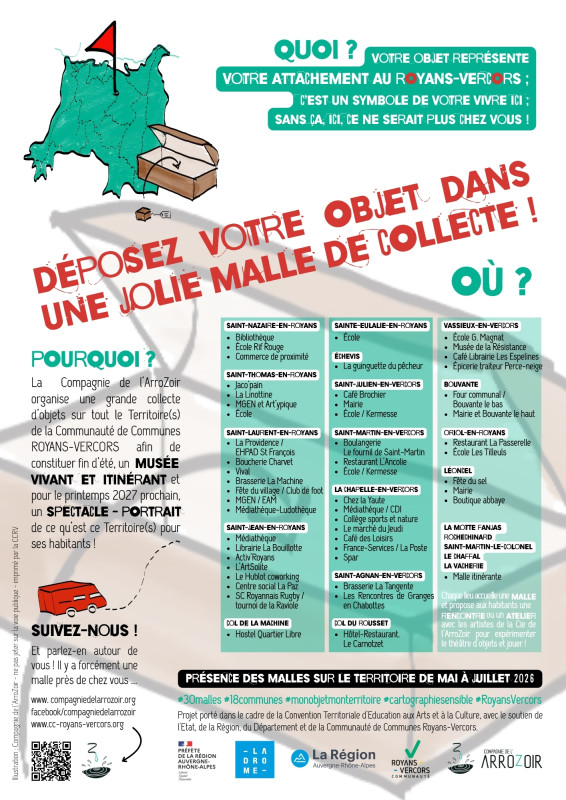 Affiche d'une collecte d'objets sur le territoire Royans-Vercors, avec une malle et une carte du territoire.