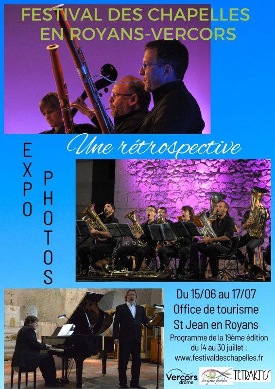 Affiche du Festival des Chapelles en Royans-Vercors avec photos de musiciens et instruments.