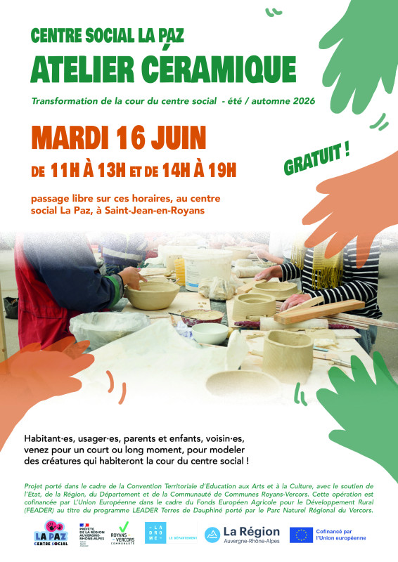 Affiche promotionnelle pour un atelier céramique gratuit, le 16 juin 2026.
