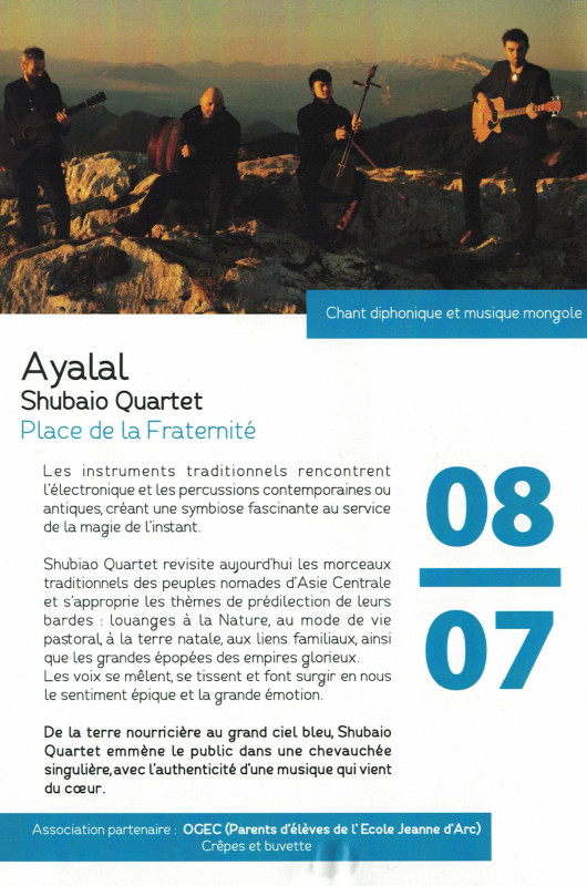 affiche Ayalal — Shubaio Quartet, chant diphonique et musique mongole à Saint-Jean-en-Royans
